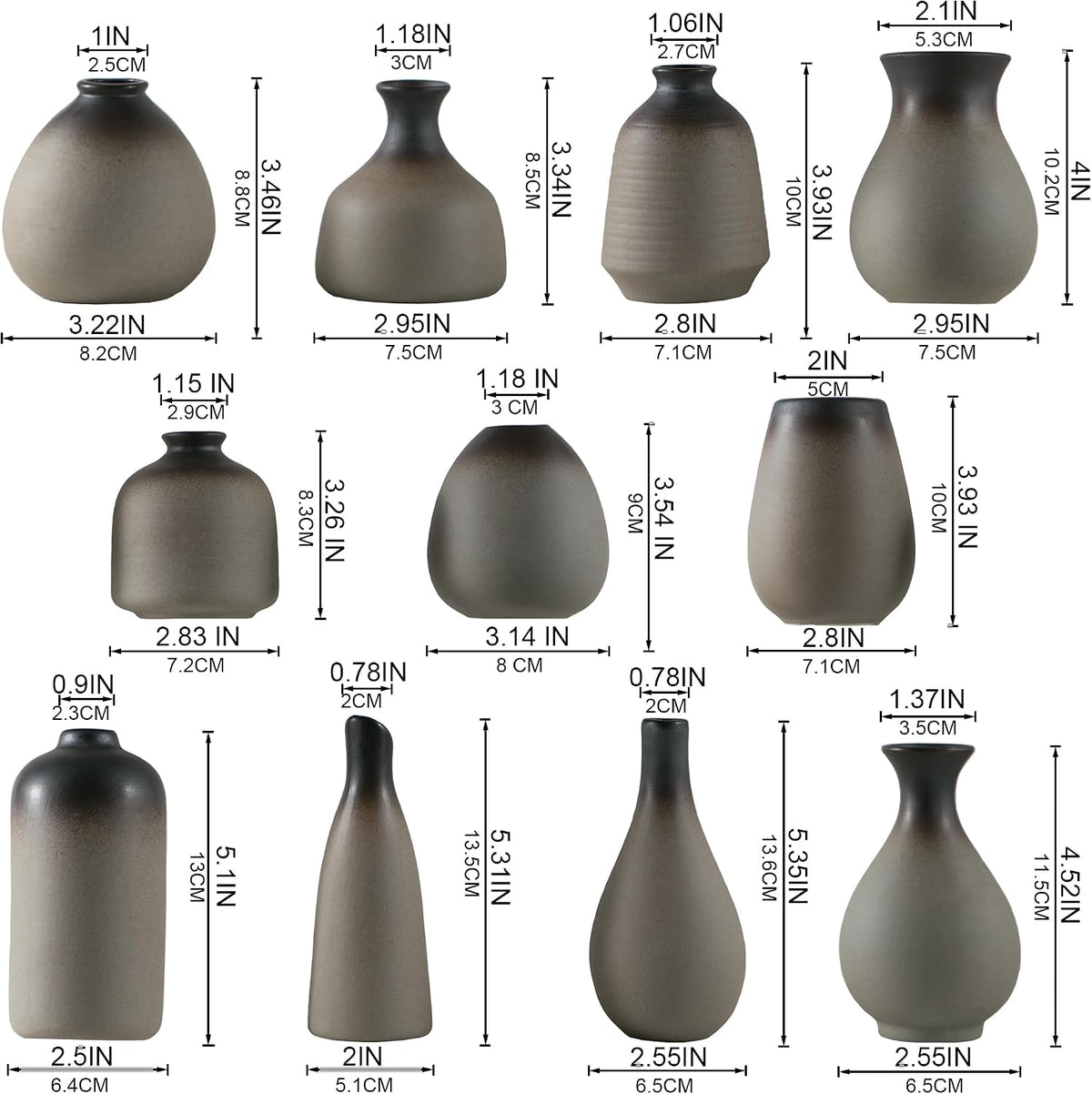 JOJUNO Rustic Bud Vases, Small Ceramic Vase Set of 11 Farmhouse Home Decor