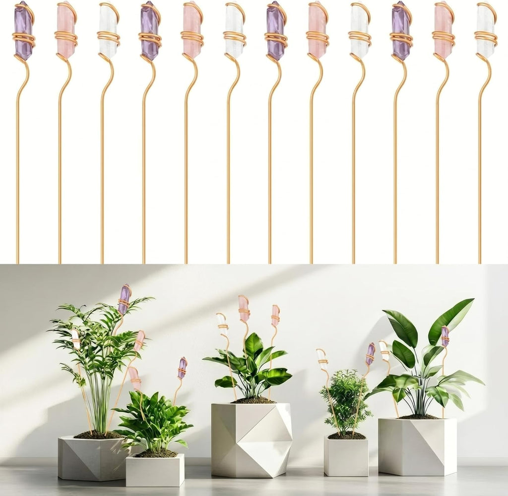 6 Pcs Metal Plant Stakes Natural Crystal Suncatcher, 9.84"