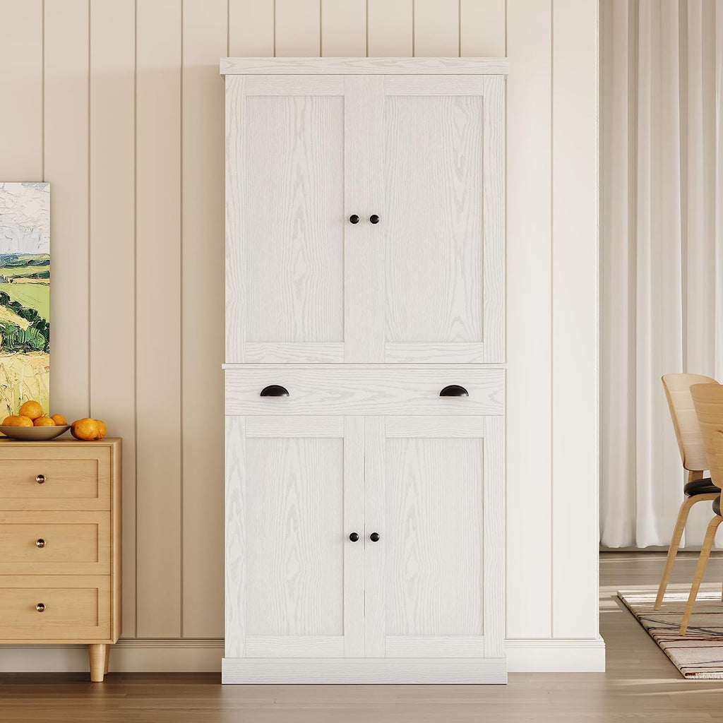 IRONCK 72" Kitchen Pantry Cabinet with Drawer and Sliding Racks, White