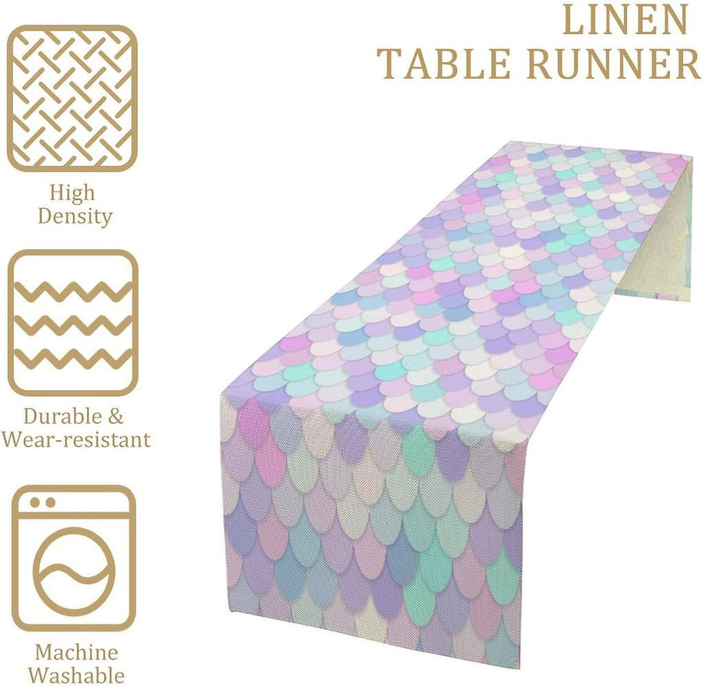 Mermaid Scales Table Runner Sea Theme Magic Blue Purple Pink Watercolor Scales Pattern Printed Linen Table Runner for Home Kitchen Dining Table Decoration,13x108 Inch
