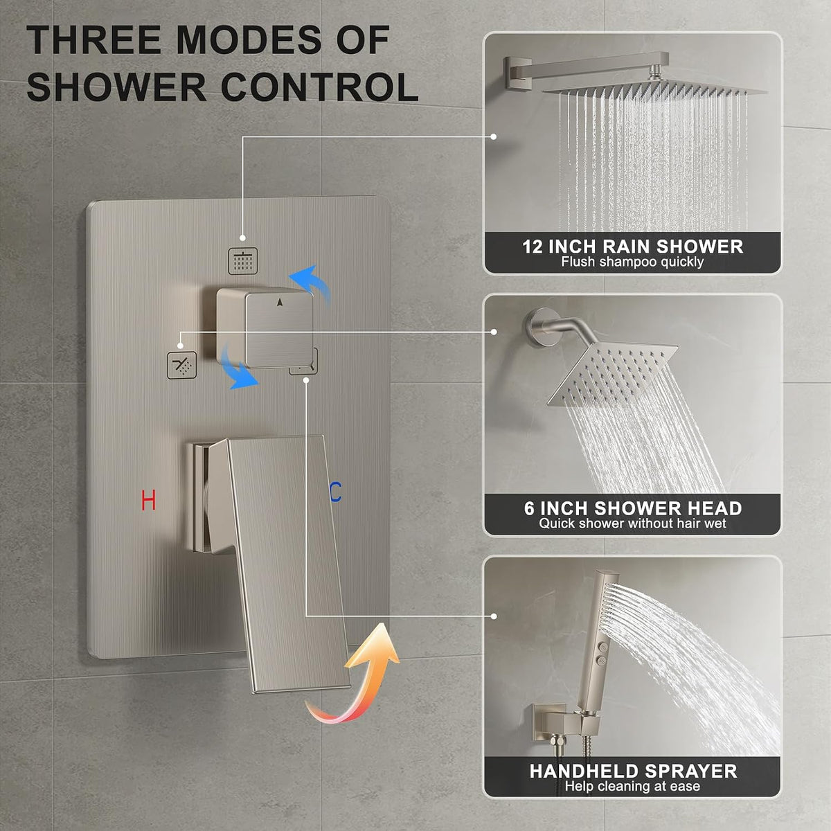 Rain Shower System 12"&6" Shower Heads Wall Mount Shower Faucet Set