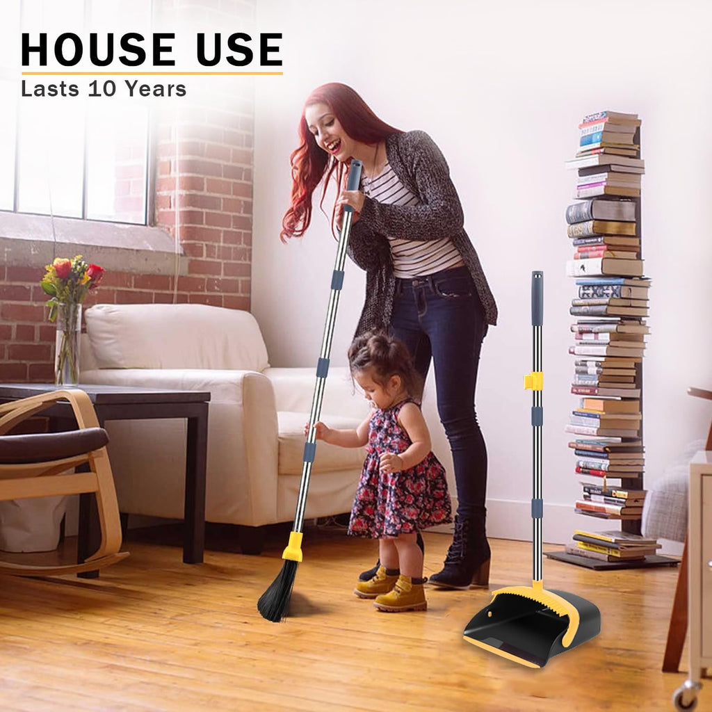 2 Pack is More economical,Brooms with Dustpan Combo Set， with 52" Long Handle, Dustpan Teeth with self-Cleaning Function, Indoor and Outdoor Sweeping, Perfect for Home Office (Large/Yellow/ 2-Pack)