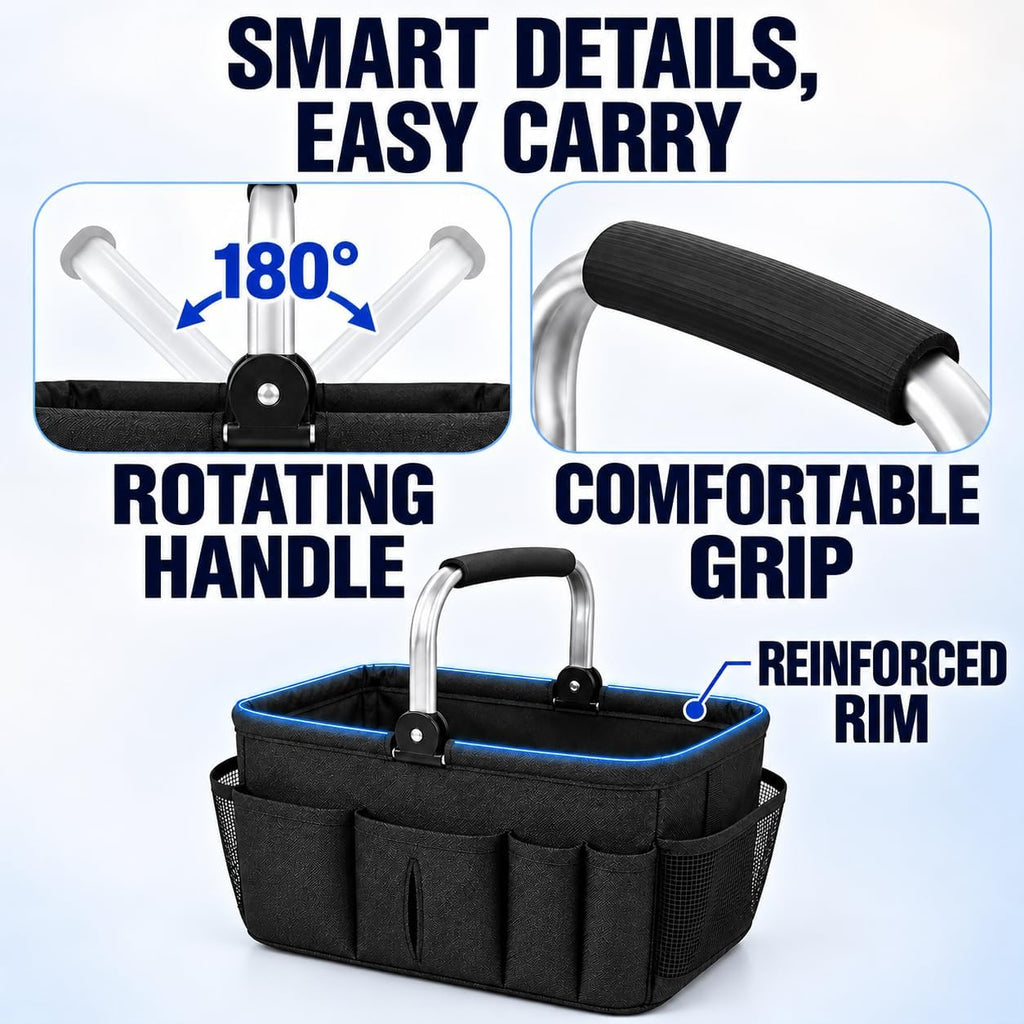 20L Foldable Cleaning Caddy with Handle, Black Storage Basket