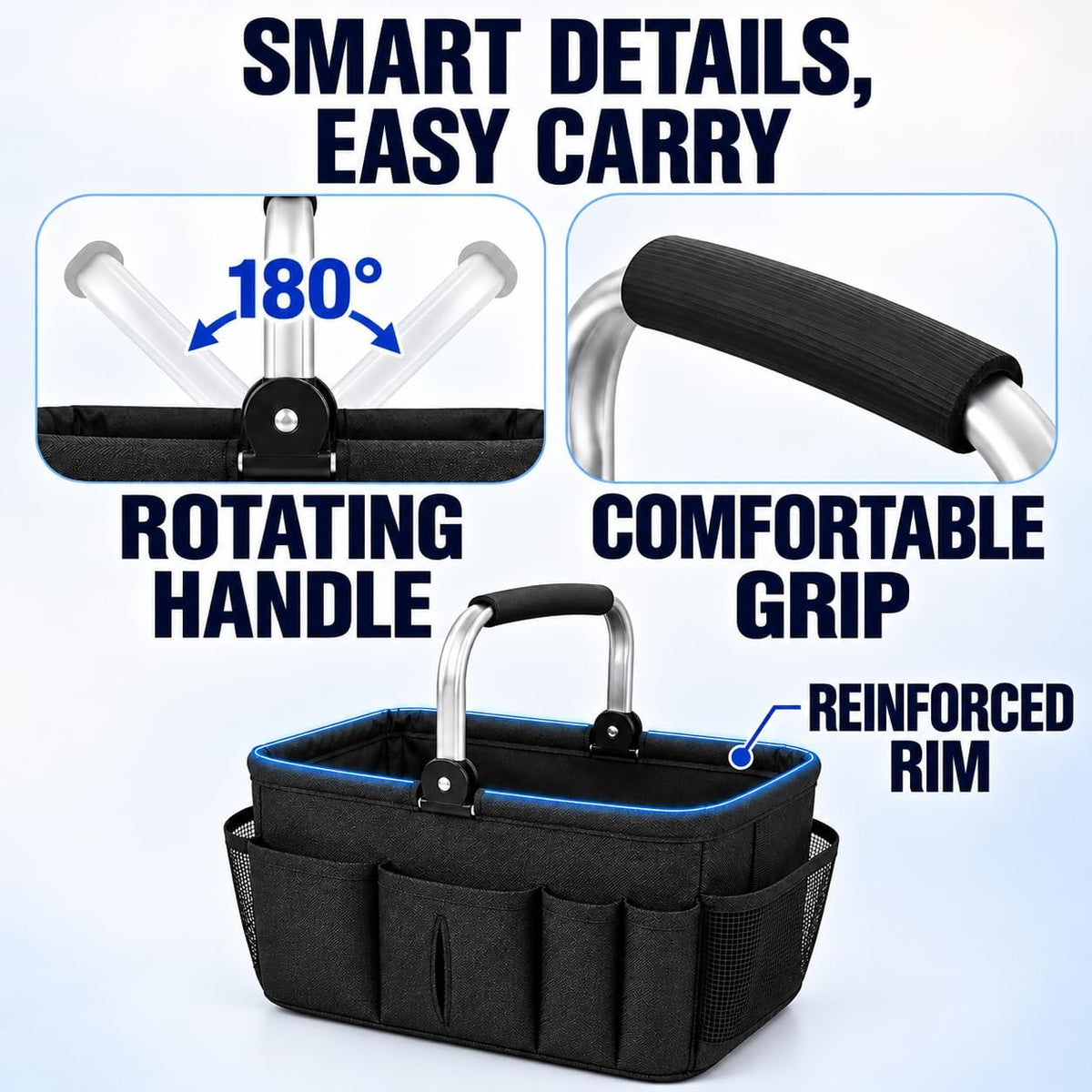 20L Foldable Cleaning Caddy with Handle, Black Storage Basket