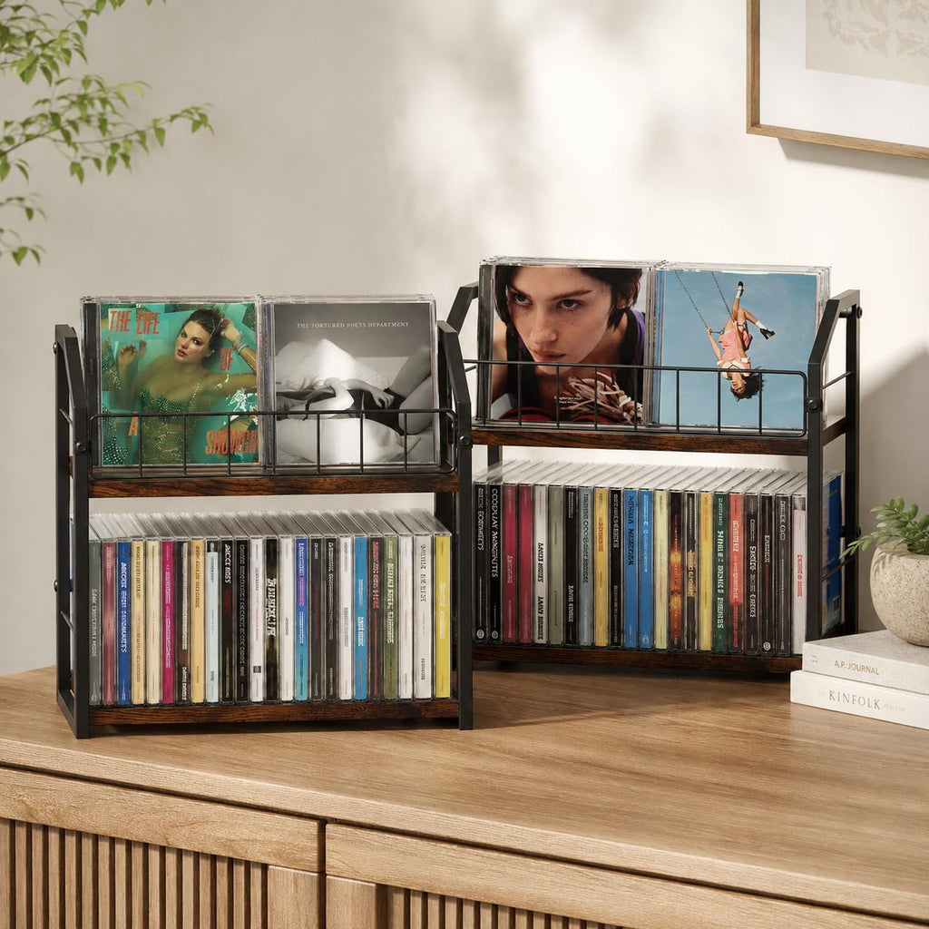 CD Storage Rack, 2 Tier CD holder & Display, 120 Capacity- Brown 2 Pack