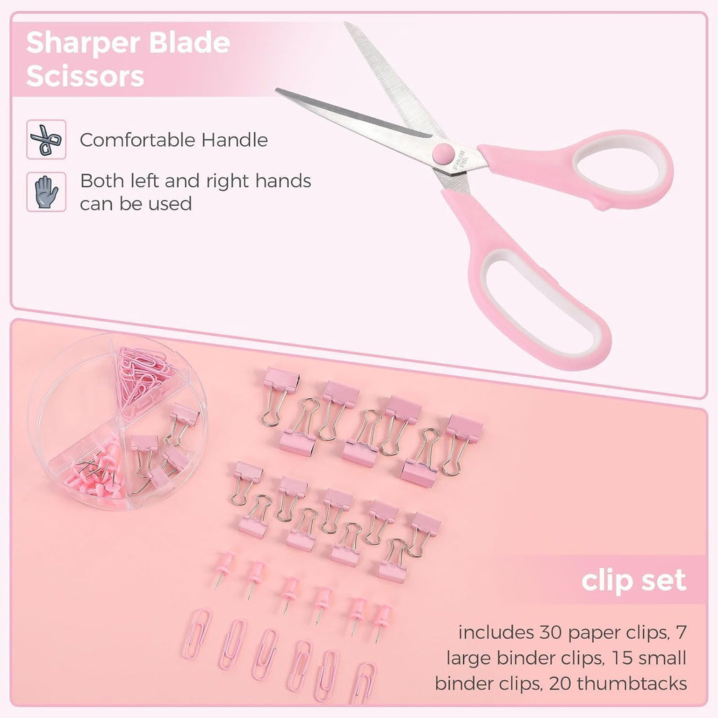 SKYDUE 10 Pcs Pink Desk Accessories, Pink Office Supplies Set