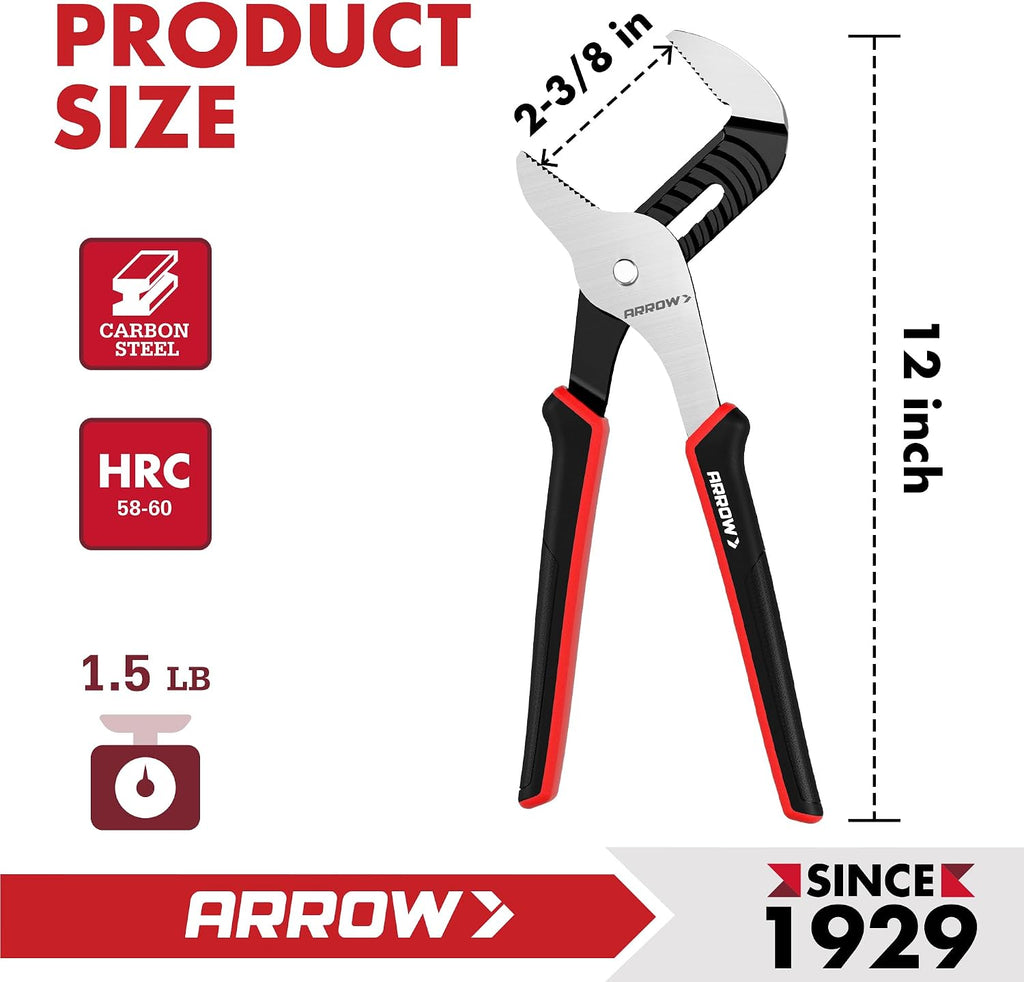 ARROW 12-Inch Groove Joint Pliers, Adjustable Water Pump Pliers with TPR Handle, High Carbon Steel Tongue and Groove Plier for Plumbing, Automotive and Household Repairs