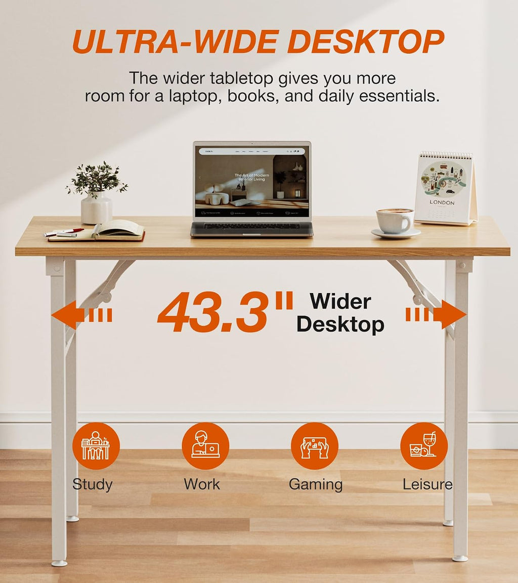 XBurmo Folding Desk Foldable Table, No Assembly 43.3" Foldable Desk Space-Saving Workstation for Small Space, Computer Table, Flat Storage for Home Office, Bedroom, Dorm, Study Room, Light Maple
