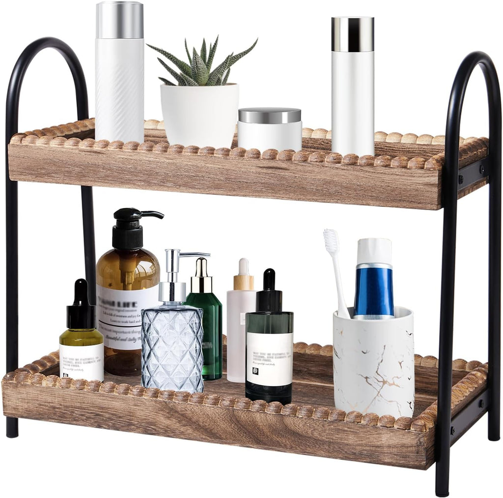 BDBDYEAY Bathroom Countertop Organizer, 2 Tier Vanity Organizer and Storage for Cosmetic Skincare Perfume, Wood Bead Storage Shelf for Bathroom Kitchen Coffee Station