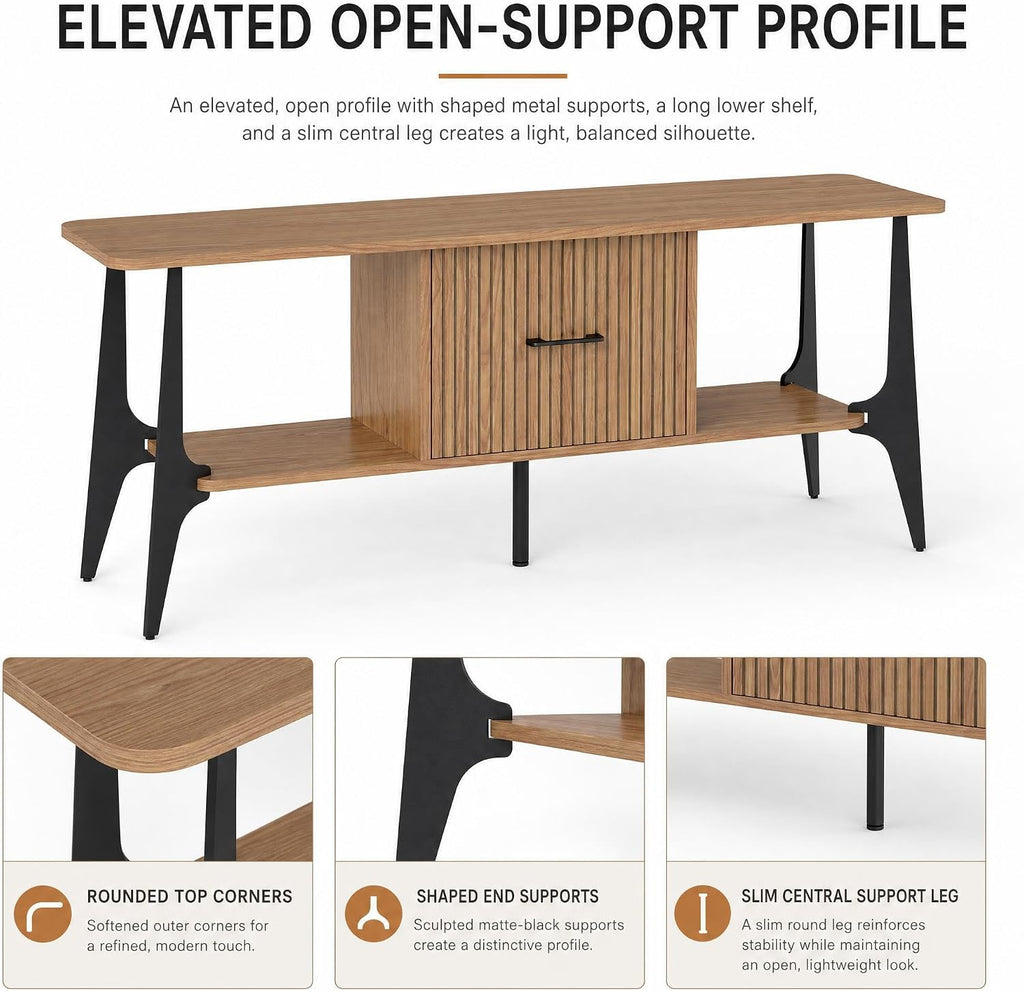 MWOOD Modern TV Stand, Fluted Media Console with Storage, Open Shelves, Oak