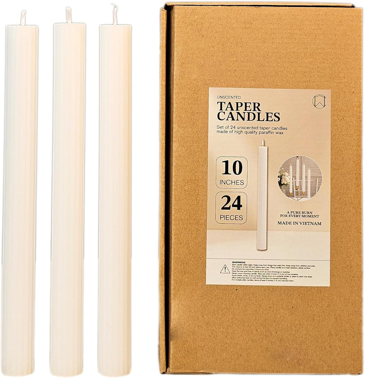 CW Studio 0.78x10 Inch Unscented Ribbed Taper Candles – Elegant Fluted Design, 11-Hour Burn, Dripless, Perfect for Home Decor, Weddings, Events & Dinners (24, White)