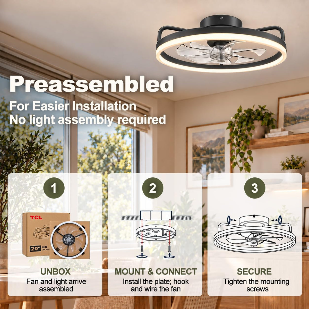 TCL 20 Inch Low Profile Ceiling Fan with Light, Black