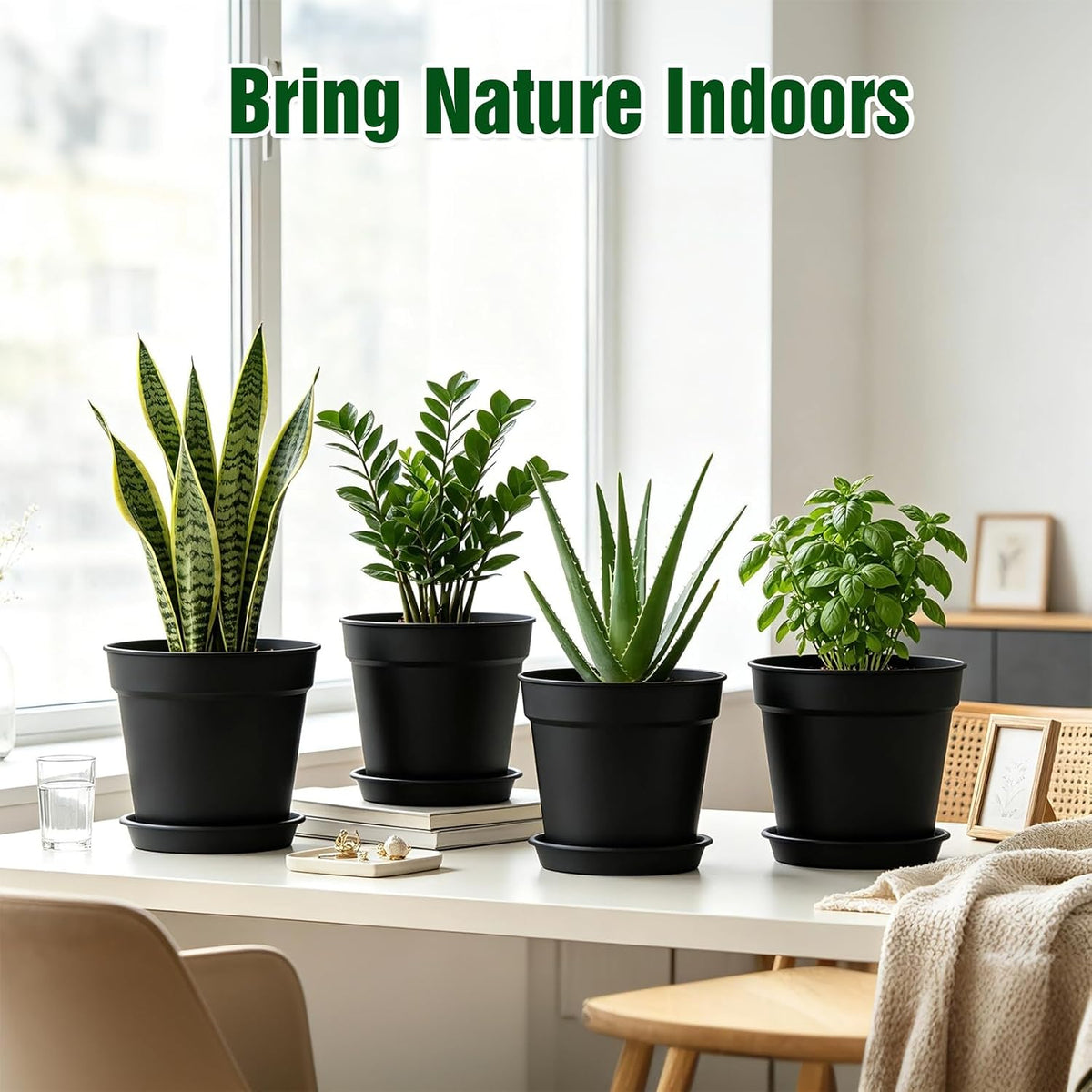 8 Inch 10 Pack Plastic Plant Pots with Drainage Holes and Trays