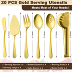 BEWOS Gold Serving Utensils, 20-Piece Serving Utensils set, Gold Serving Spoons, Slotted Spoons, Tongs, Forks, Cake Server, Butter Knife, Stainless Steel Serving Utensils for Parties, Dishwasher Safe