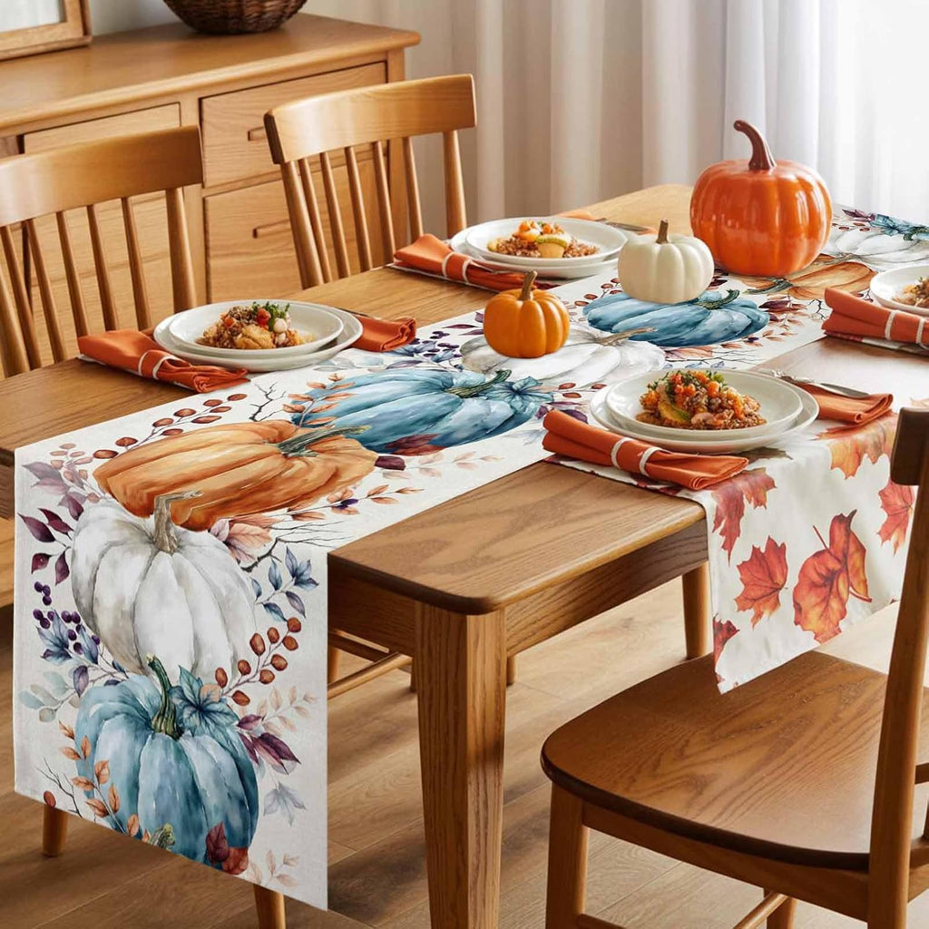 Fall Thanksgiving Table Runner, Watercolor Autumn Pumpkins Eucalyptus Leaves Cotton Linen Tablecloth Farmhouse Table Decor for Home,Kitchen,Dining Room,Indoor,Outdoor,13X90 Inches Long, Blue Orange