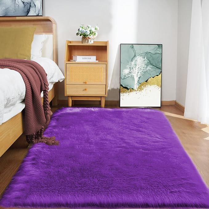 Goolela Purple Sheepskin Rug 4x6 Fluffy Fuzzy Furry Carpet - Image 2