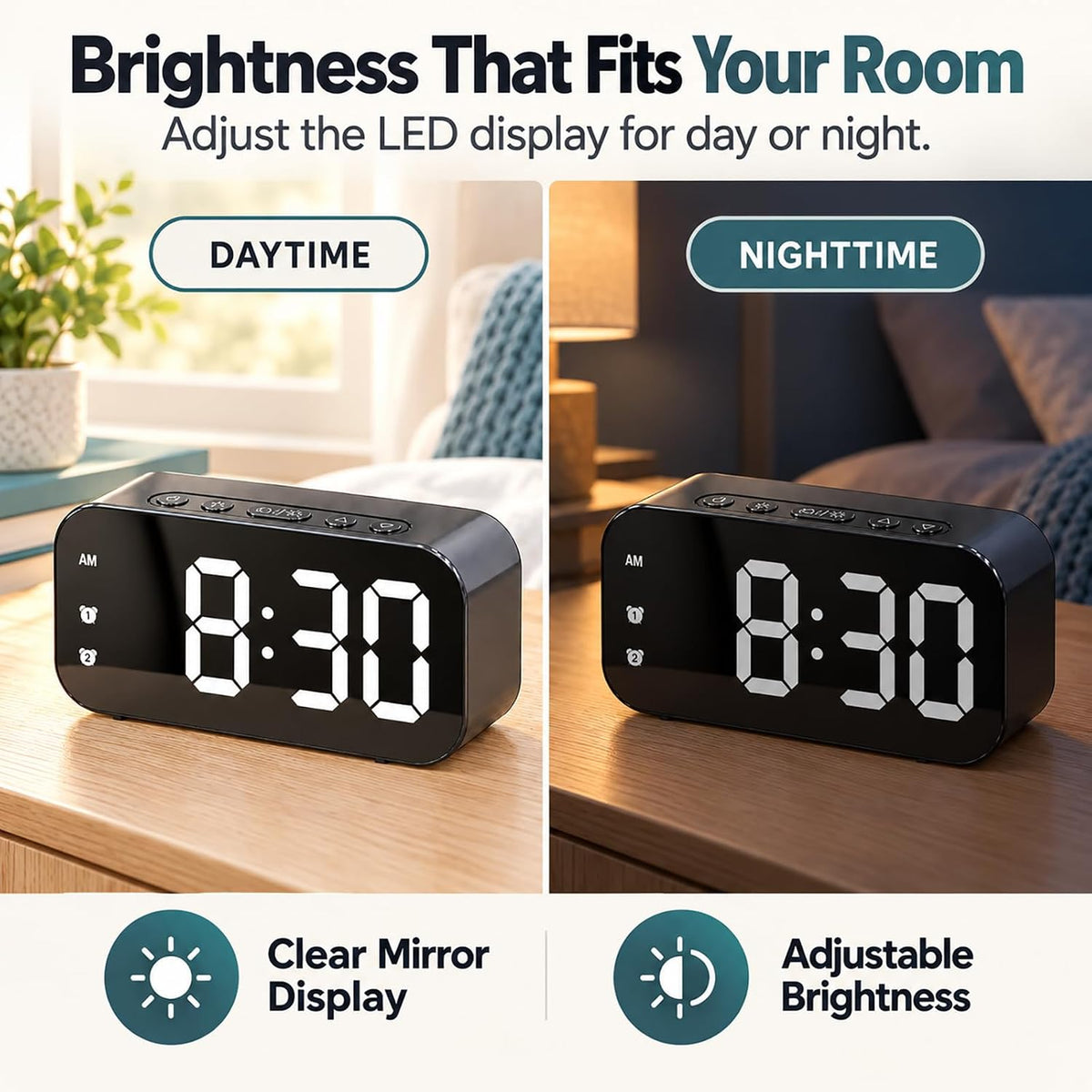 Alarm Clock Small Digital Desk for Bedrooms Bathroom Battery Operated Bedside Travel Powered Teens with Backup Simple Loud Nightstand Mini Large Display Table Desktop Office Shelf Seniors Portable LED