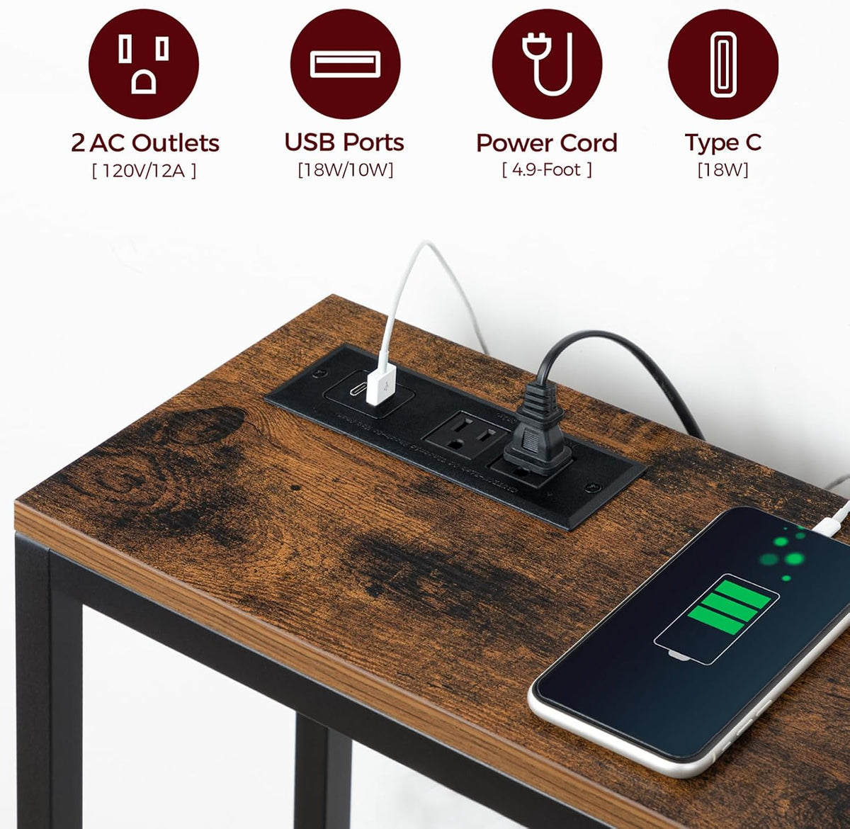 MAHANCRIS 70.9'' Console Table with Power Outlet, Narrow Sofa Table with Charging Station, Skinny Behind Couch Table for Entryway, Hallway, Foyer, Living Room, Rustic Brown CTHR18E01Z1