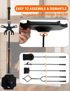 Large 5 Pcs Fireplace Tools Set Black Fire Place Tools Indoor Outdoor Fire Place Poker Set with Stand, Including Fireplace Poker,Fireplace Tongs,Fireplace Shovel,Fireplace Brush and Sturdy Base