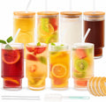 8 Pcs 11oz Ribbed Glass Cups With Bamboo Lids, Stackable, Vintage, Suitable for Coffee, Juice, Cocktails, Beer