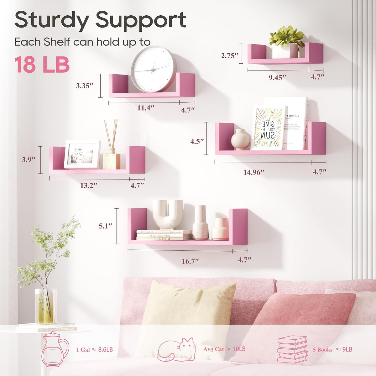 SRIWATANA Pink Floating Shelves, Set of 5 Solid Wood Wall Mounted Shelves