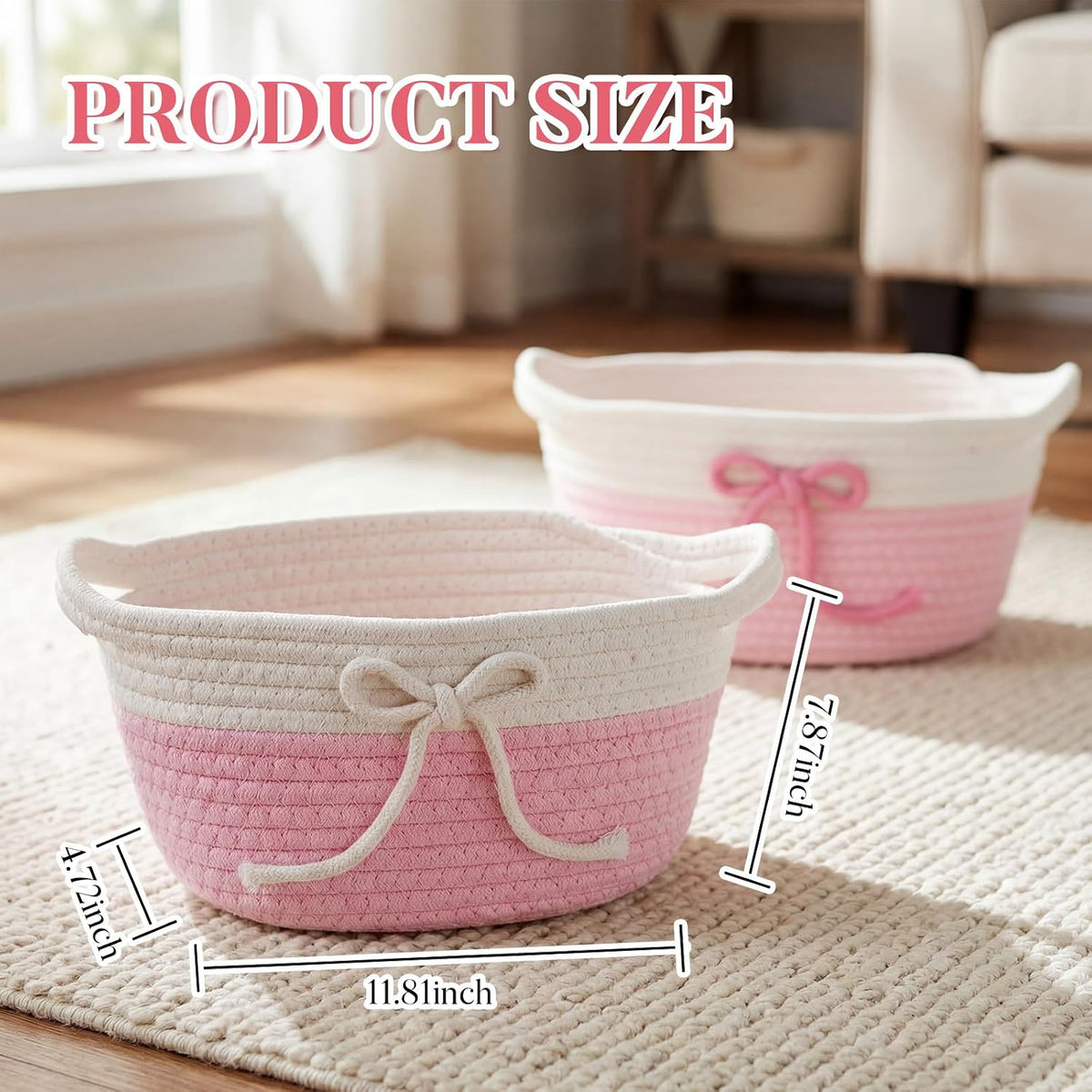 Glooglitter 2 Pcs Pink Bow Cotton Rope Baskets with Handles, Pastel Color