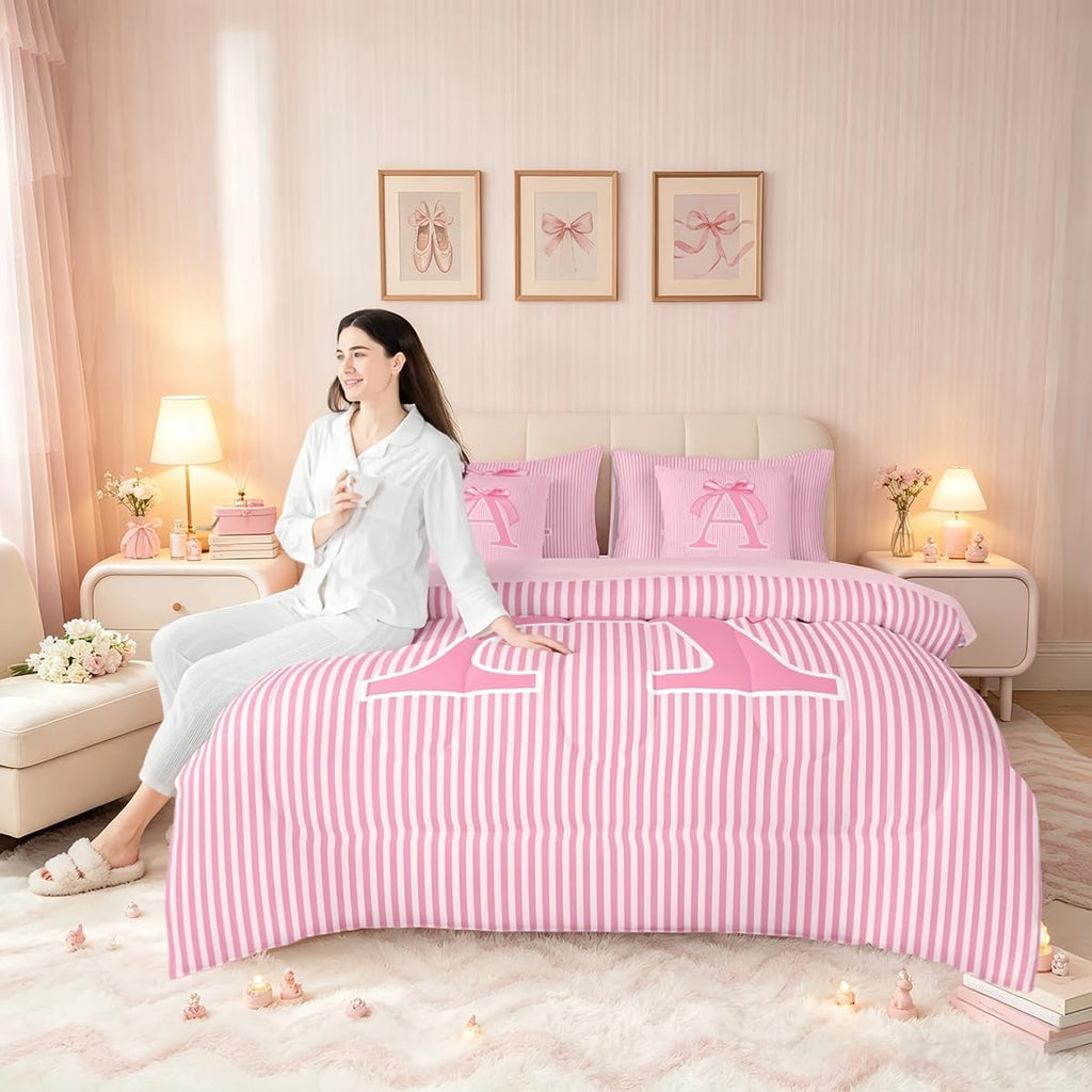 Feelyou Pink Bow Comforter Set with Sheets 7 Piece Full Size Dreamy Princess Bow Bedding Set for Kids Boys Girls Personalized Letter A Bed in a Bag Room Decor Soft Microfiber