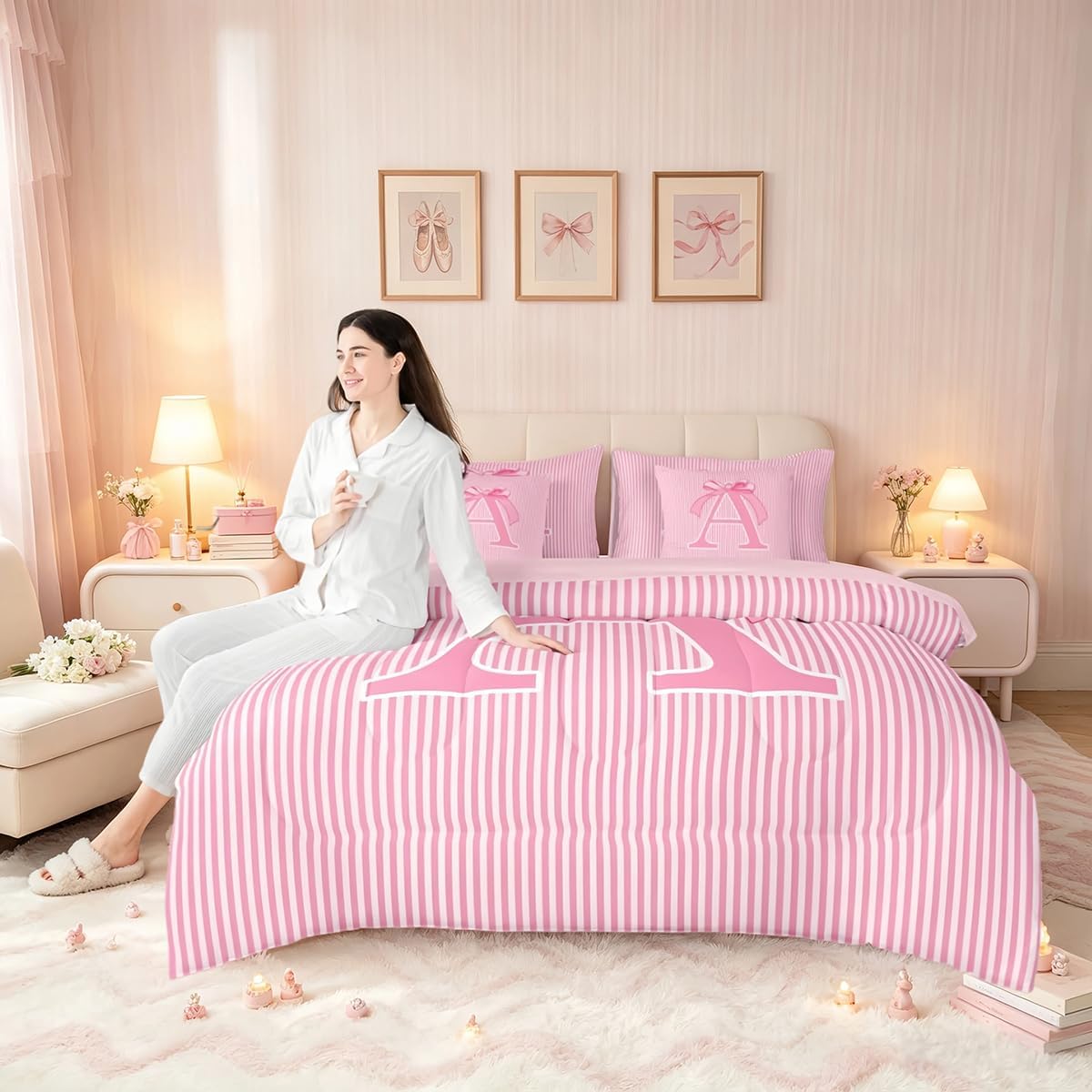 Feelyou Pink Bow Comforter Set with Sheets 7 Piece Full Size Dreamy Princess Bow Bedding Set for Kids Boys Girls Personalized Letter A Bed in a Bag Room Decor Soft Microfiber