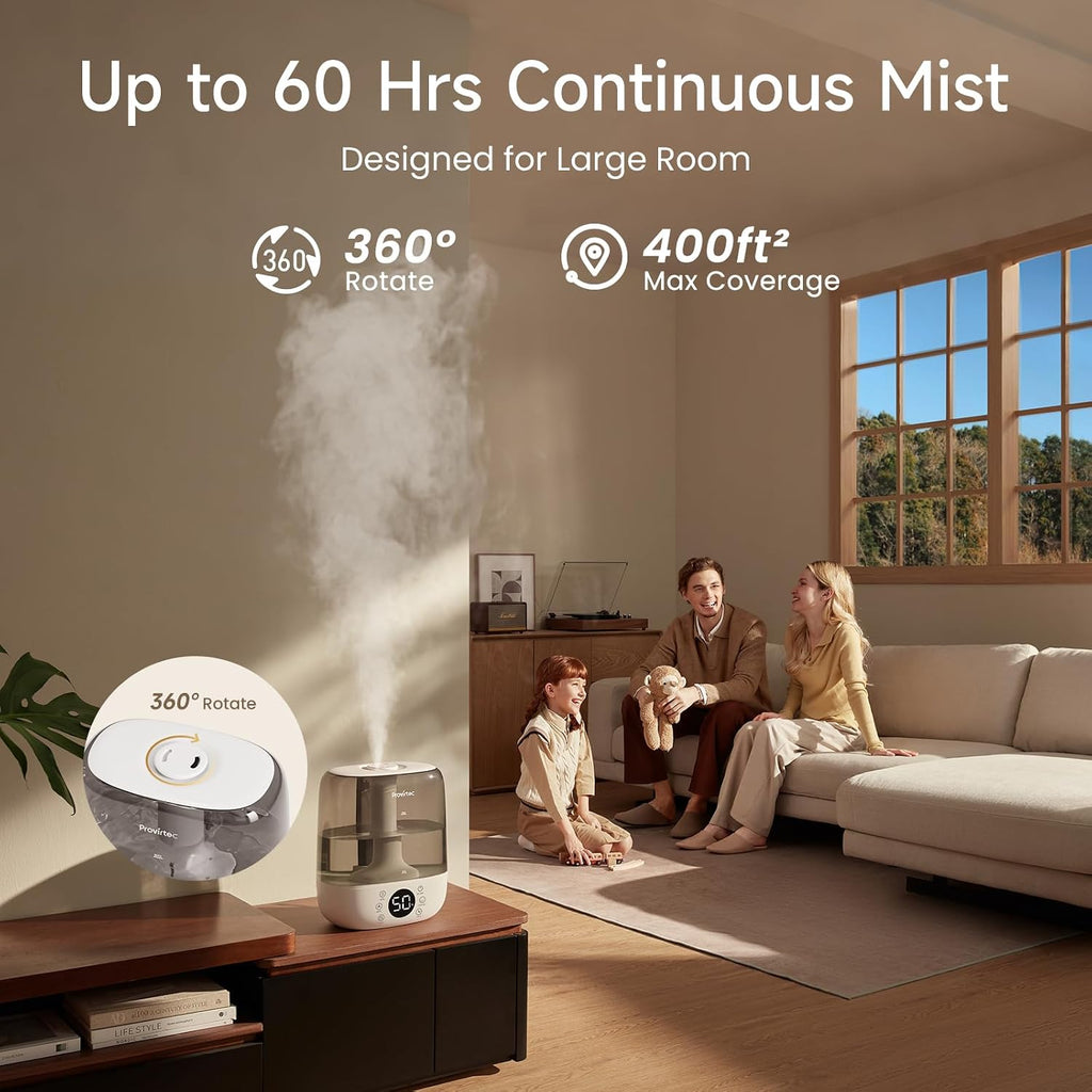 Provirtec Cool Mist Humidifier for Bedroom Easy to Clean, 6L Ultrasonic