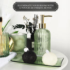 Designer Green Glass Bathroom Accessories Sets - 4 Pcs with Lotion Soap Dispenser, Bathroom Toothbrush Holder, Vanity Tray, and Apothecary Jar, Vintage Bathroom Decor