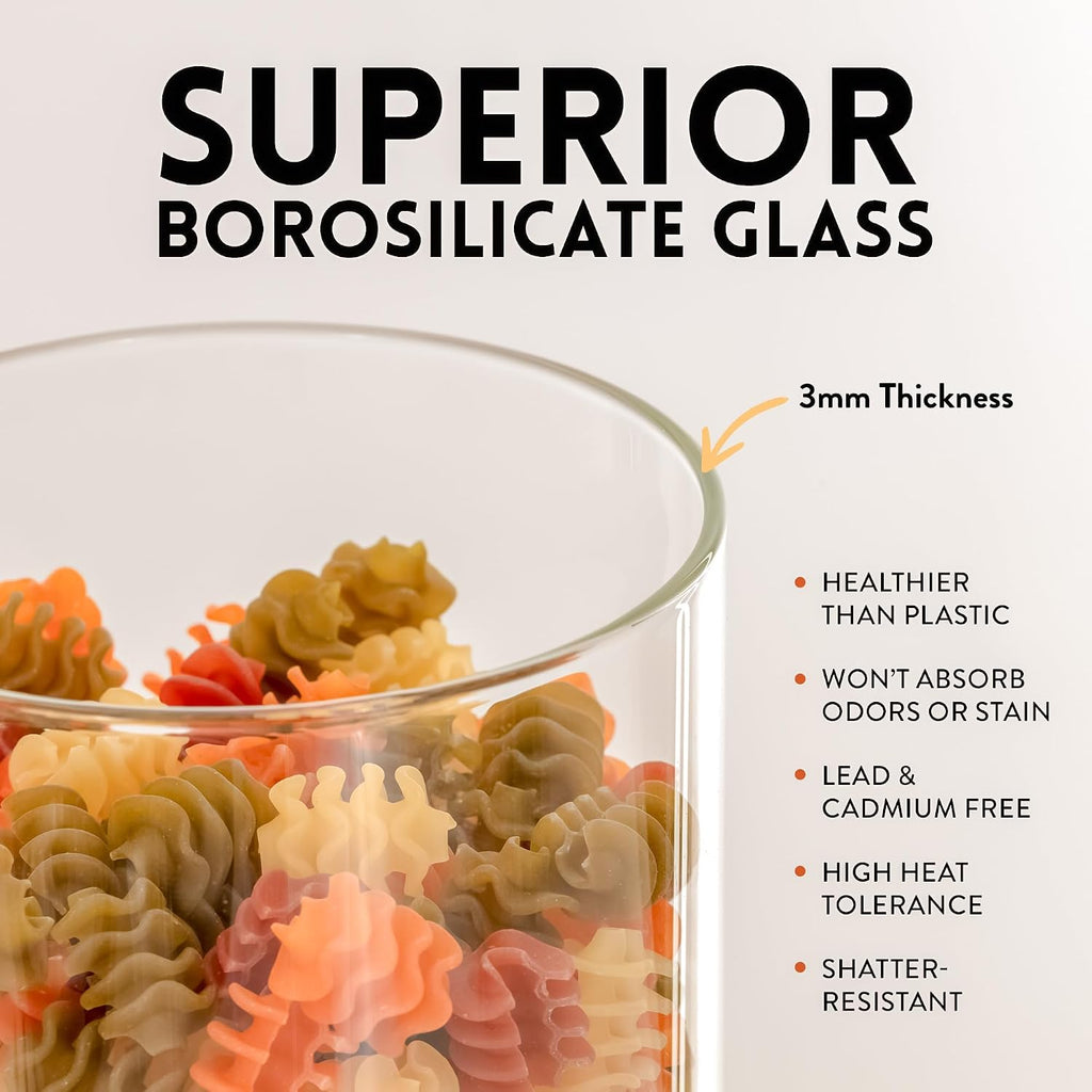 Glass Kitchen Storage Containers with Airtight Silicone Lids, BPA-Free Pantry Glass Jars with Airtight Lid for Pantry Meal Prep, Pasta and Food – Set of 5 with Portion Tool