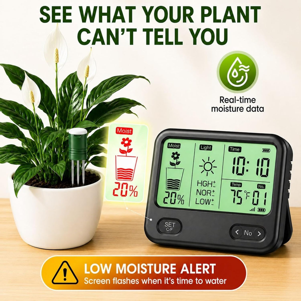 4-in-1 Soil Moisture Meter for Plants ,Soil Temperature /Moisture /Sunlight Time, Large Screen, Garden Soil Tester for Lawn, Farm, Houseplants，Wireless Indoor/Outdoor Plant Water Meter (Dark Black)