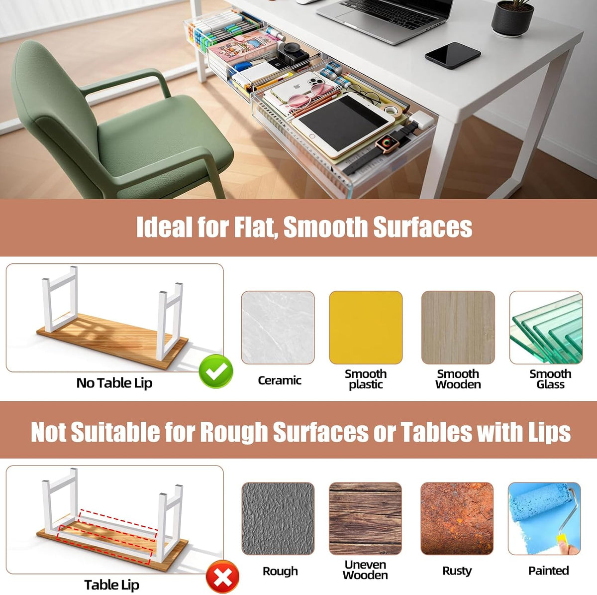 3 Pack Under Desk Drawer Slide Out Storage Organizer, Clear White 3 Sizes (S/M/L), Dual-Mount Hidden Table Tray for Tablets, Planners & Office Supplies