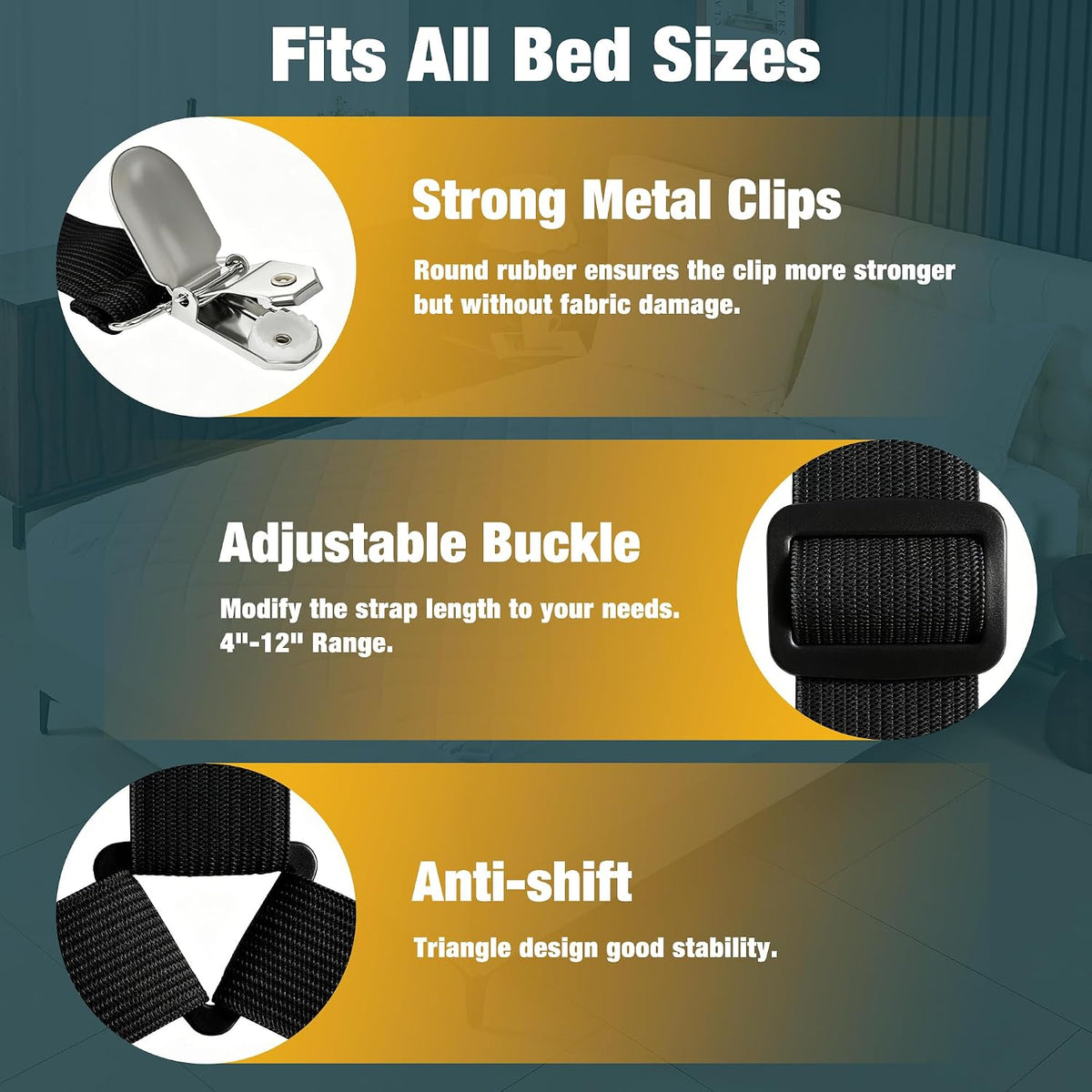 8 Pack Bed Sheet Fasteners, Adjustable Mattress Cover Straps with Metal Clips, Elastic Bed Corner Holders, Non Slip Sheet Clips, Black Color
