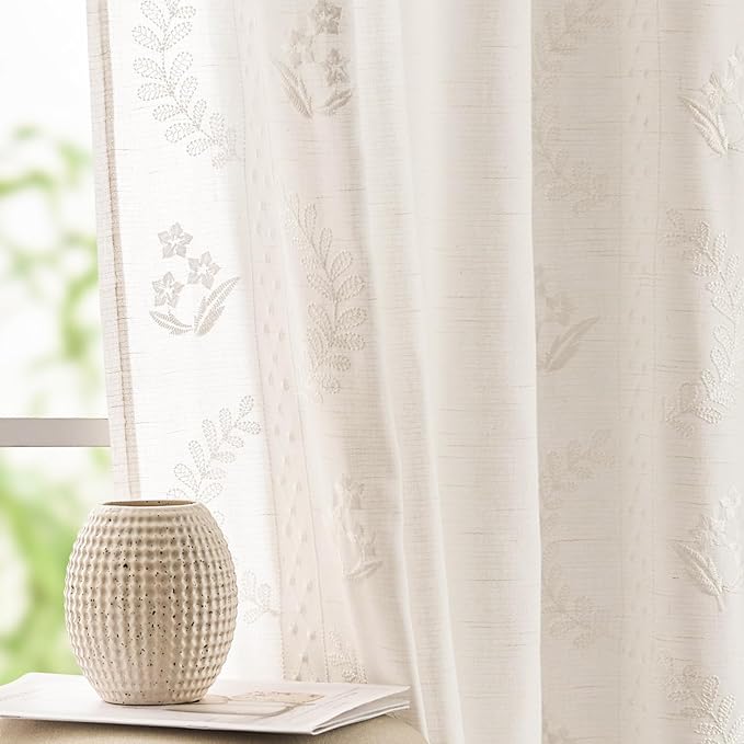 jinchan Belrose Linen Curtains for Bedroom Floral Curtains 63 Inch Length Linen by JINCHAN