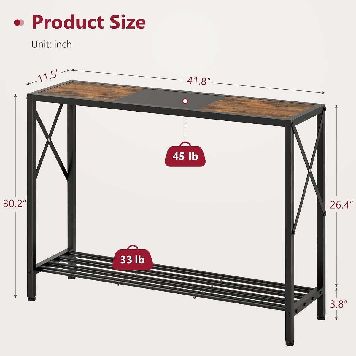 Tajsoon Console Table 41.8", 2 Tier Industrial Entryway Table with Shelves