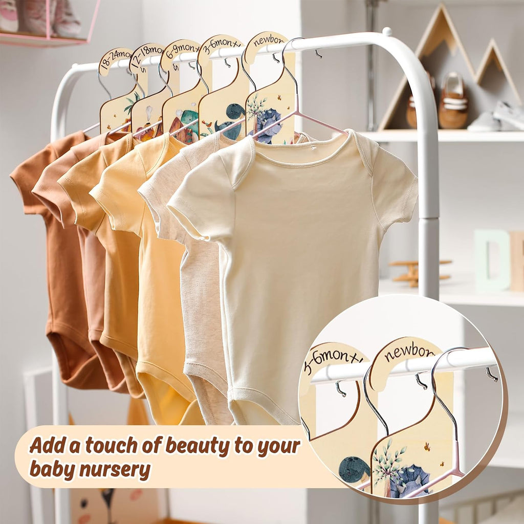 Whaline 8Pcs Baby Closet Size Dividers Dinosaur Hanging Wooden Baby Closet Organizer Newborn to 24 Months Thicken Infant Wardrobe Organizer for Home Nursery Bedroom Decor