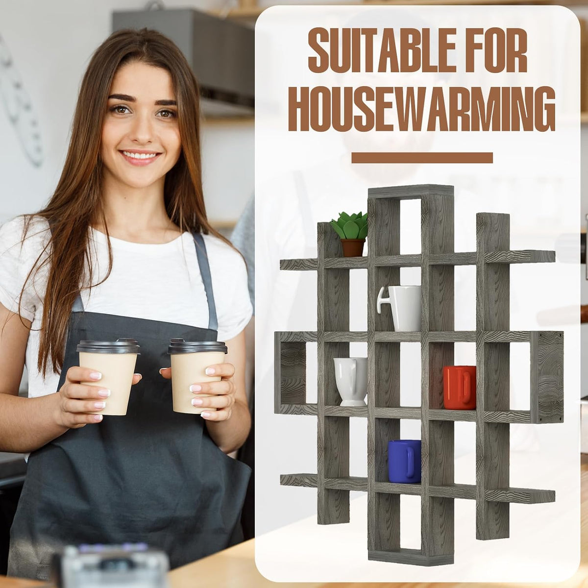 Suzile Mug Display Shelf Wall Mounted,Grid Size 5.1x5.1x3in,Grey