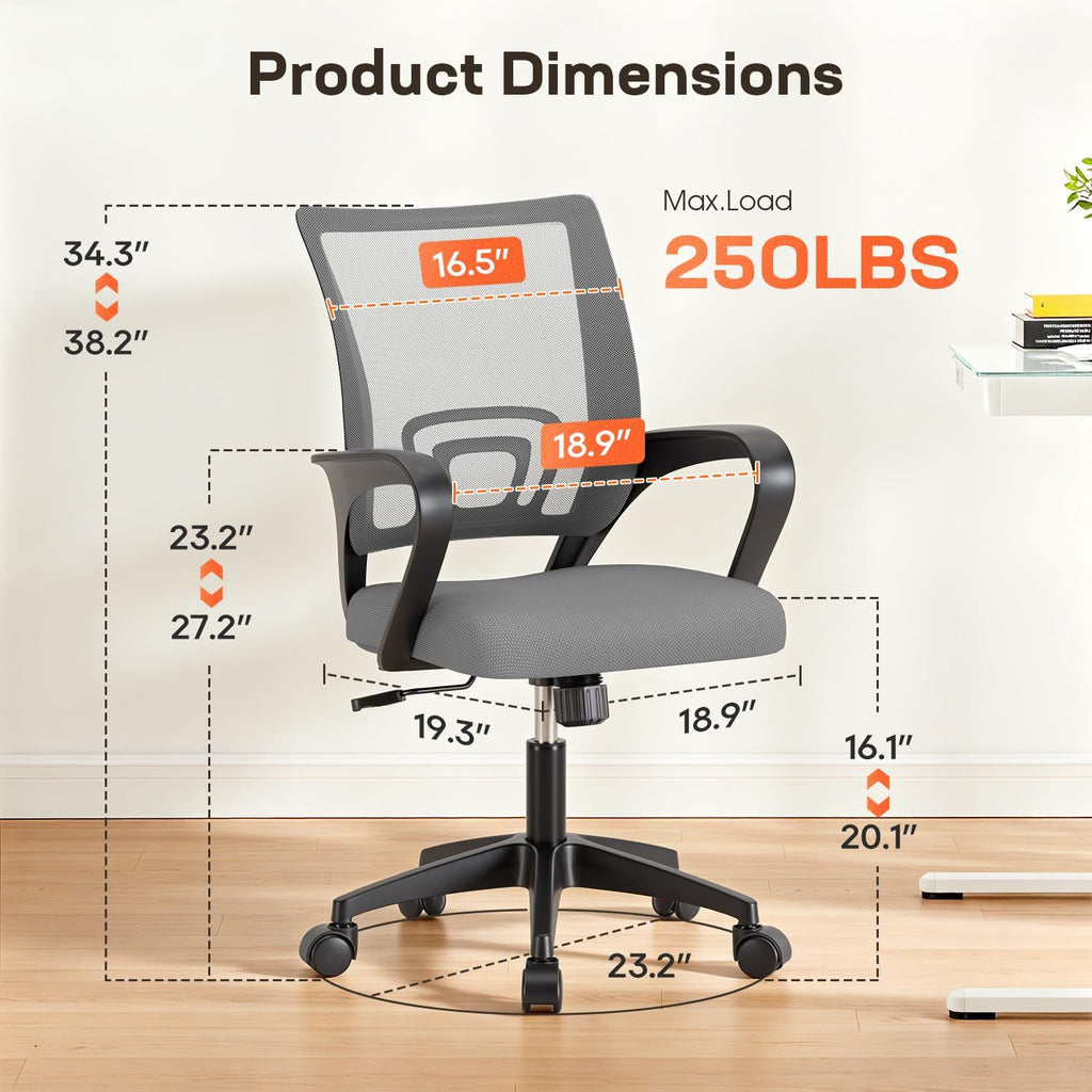 BestOffice Ergonomic Office Chair | Mid-Back Swivel Desk Chair | Grey