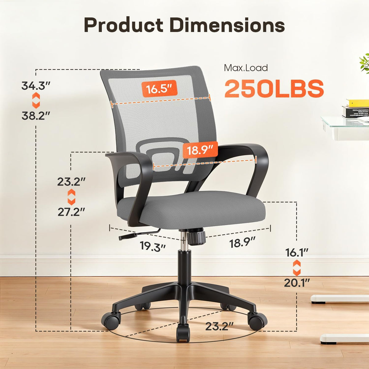 BestOffice Ergonomic Office Chair | Mid-Back Swivel Desk Chair | Grey