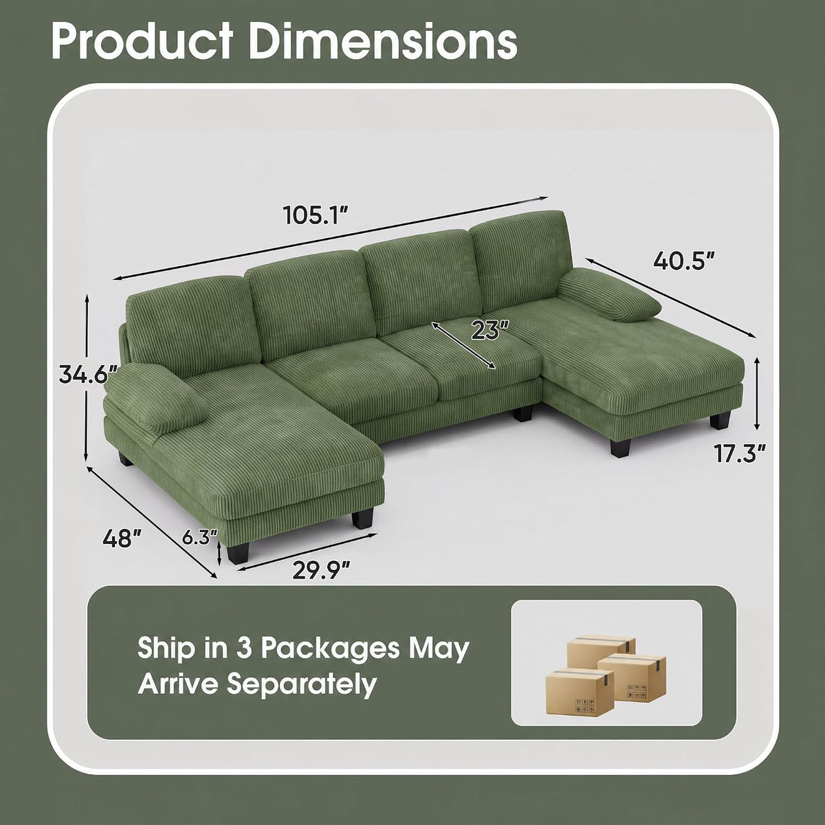 Furniwell U-Shaped Convertible Sectional Sofa Couch, Corduroy, Deep Green
