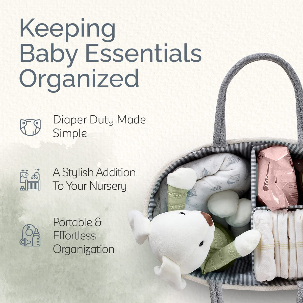 Diaper Caddy Organizer for Baby Nursery Basket with Handle Lid | Nursing bag with Changing Table Organizer Cart | Newborn Caddy | Grey Large size