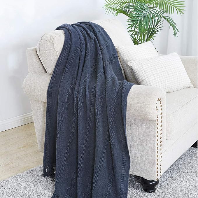 BOURINA Navy Throw Blanket 60x80 Inches Throw Textured Solid Soft Sofa Throw - Image 2