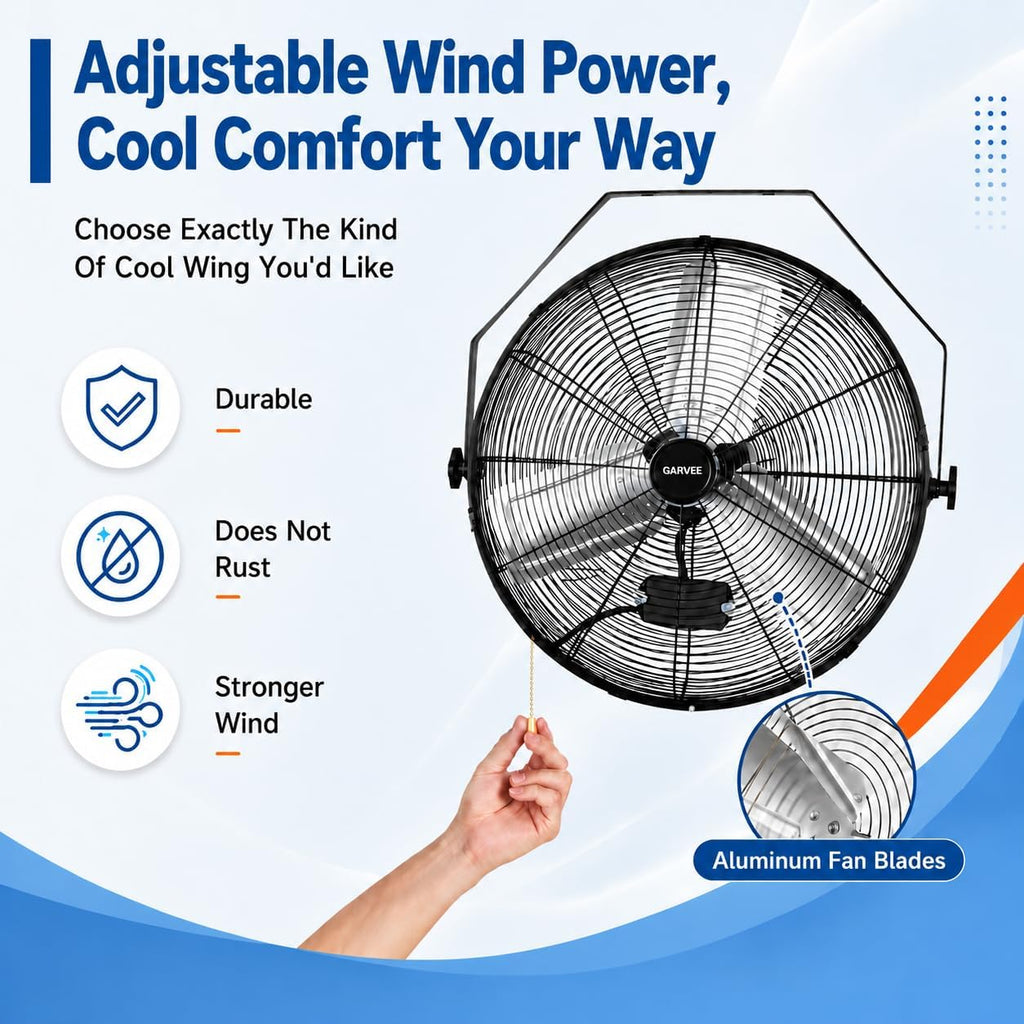 18 Inch Wall Mount Fan, 3 Speeds Wall Mounted Hanging Fan