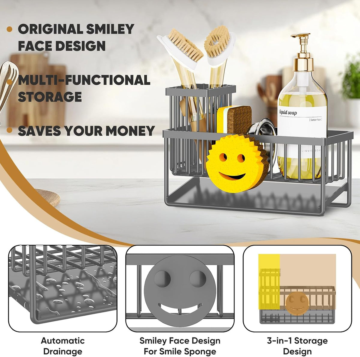 Sponge Holder for Kitchen Sink,Smiley Face Sink Caddy with Removable Brush Holder,Self-Draining Sponge Caddy for Soap,Dish Brush,Scrubber,Kitchen Essentials and Gadgets-Charcoal Gray