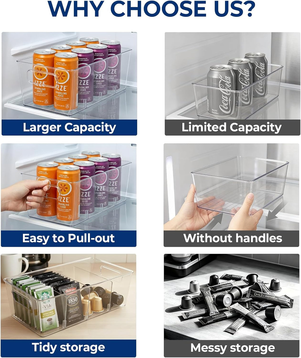 6 Pack Pantry Organizers and Storage, Food Storage Containers with 3 Removable Divider for Kitchen, Fridge, Cabinet Organization, Clear Plastic Storage Bins for Snacks, Spice Packets, Packets, Pouches