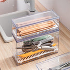 Large Transparent Flatware Tray Kitchen Drawer Organizer With Lid and Drainer - Plastic Kitchen Cutlery Tray and Utensil Storage Container with Cover - Dust-proof Dinnerware Holder