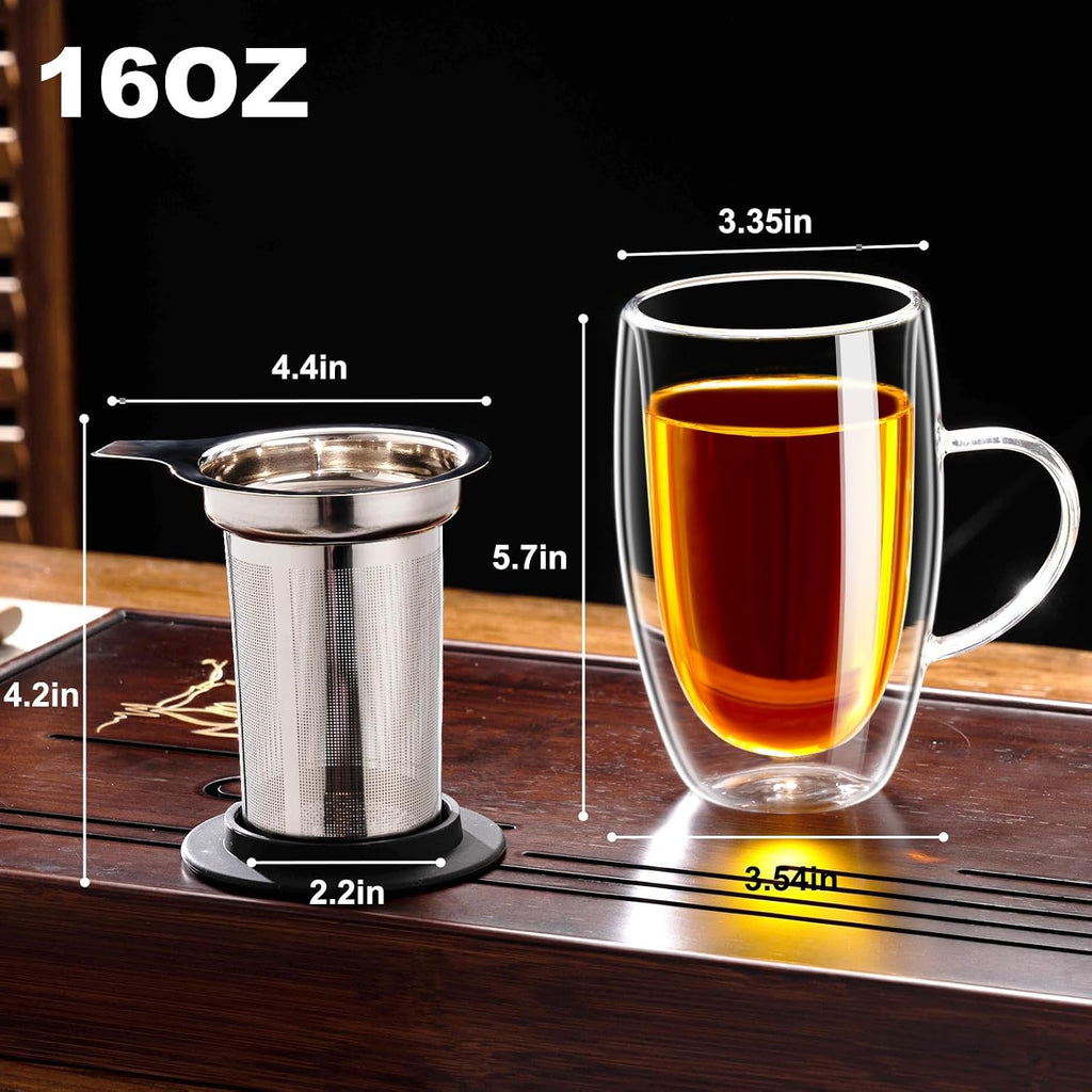 Baalaka Tea Infuser Mug, 16 fl oz Double-Wall Glass for Loose Leaf Tea