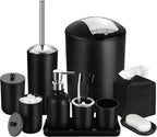 Black Bathroom Accessories Set, 10Pcs Bathroom Accessory Set with Trash Can, Soap Dispenser and Toothbrush Holder, Soap Dish, Cotton Ball & Qtip Holder, Toilet Brush Holder, Tissue Box Cover
