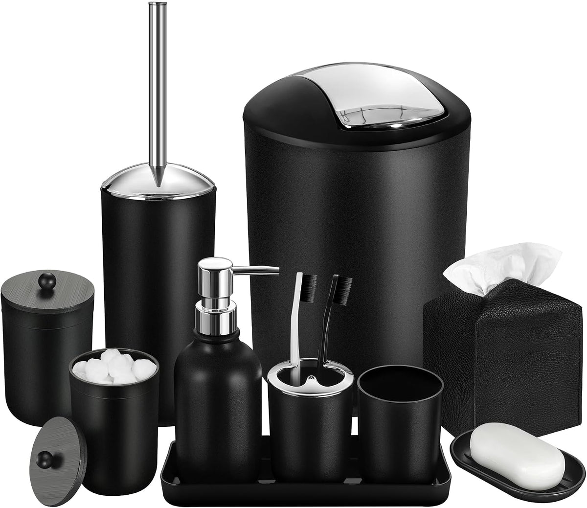 Black Bathroom Accessories Set, 23Pcs Bath Accessory Sets Complete with Bathtub Mat, Shower Curtain Set with Hooks, Soap Dispenser, Toothbrush Holder, Qtip Holder, Trash Can, Toilet Brush